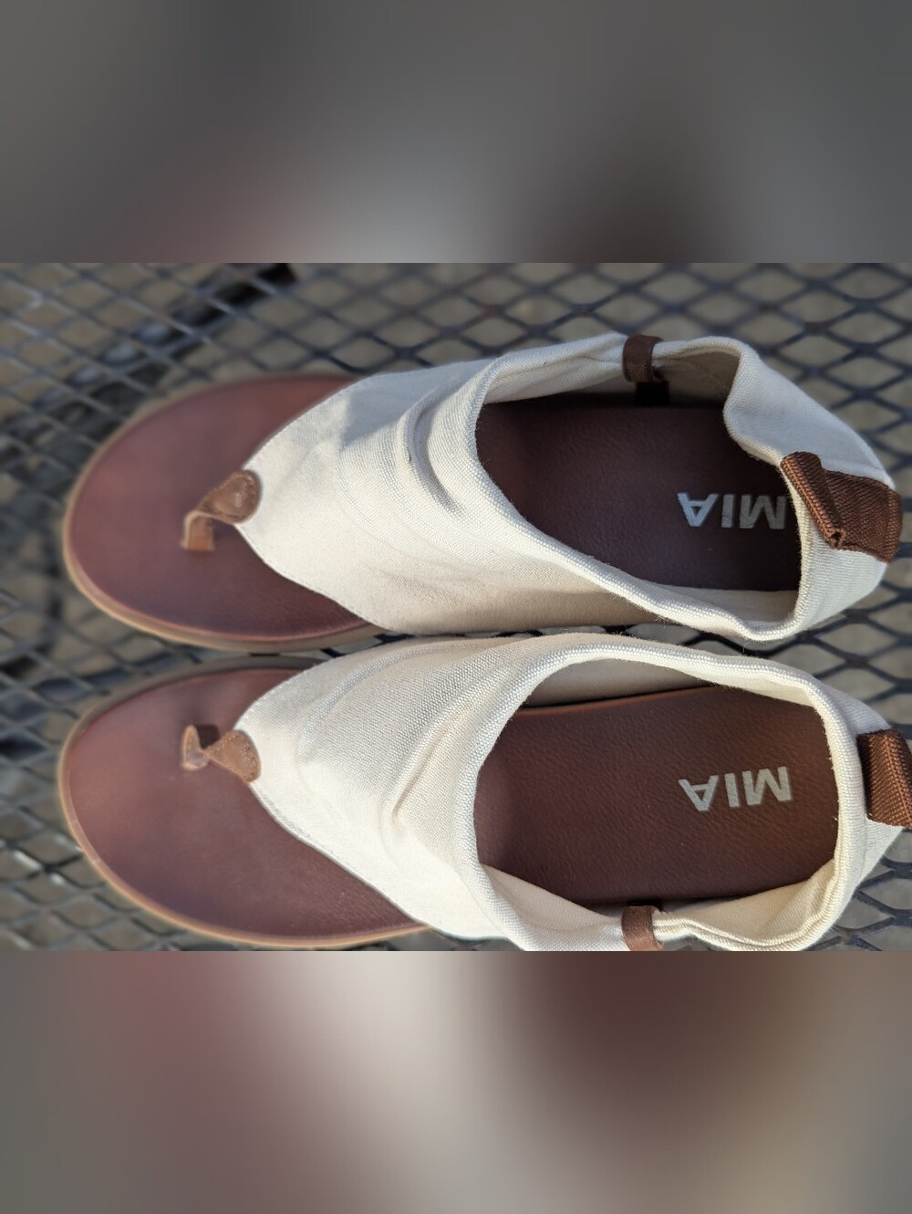 MIA Women's Cream Canvas Toe-Loop Sandals with Brown Footbed